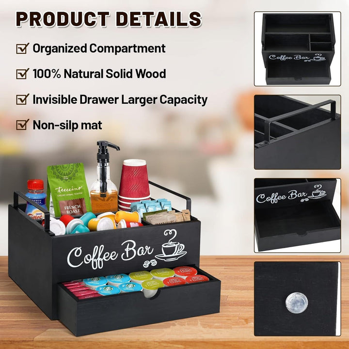 Kaffe Organizer aus Holz, hölzerne Kaffe-Bar-Zubehör-Organisator mit Schublade Landhaus Kaffee-Pods