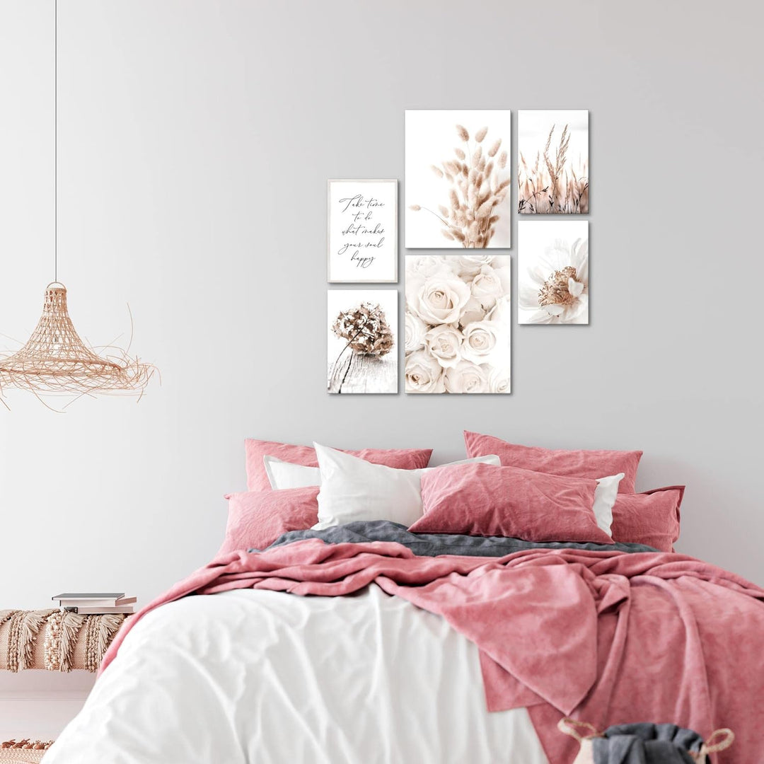 Novart Bilder Set - AUFHÄNGFERTIG - KEIN EXTRA RAHMEN BENÖTIGT - Boho Blumen Modern Beige - Wohnzimm