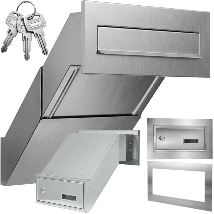 Mauerdurchwurf Briefkasten Edelstahl V2A INOX mit Rahmen Einbaubriefkasten XXL Wandstärke 260–420 mm