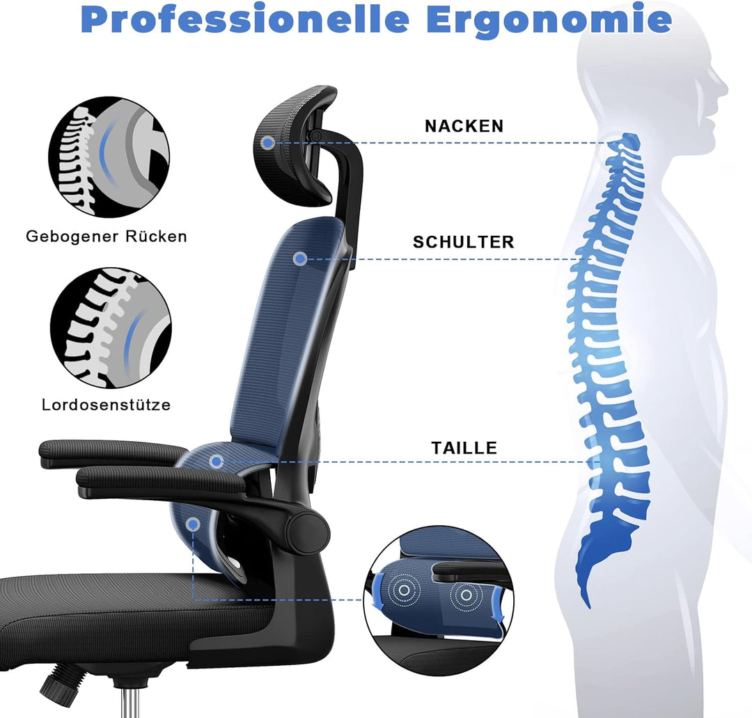 naspaluro Ergonomischer Bürostuhl, Schreibtischstuhl mit C-förmiger Lordosenstütze, Verstellbarer Ko