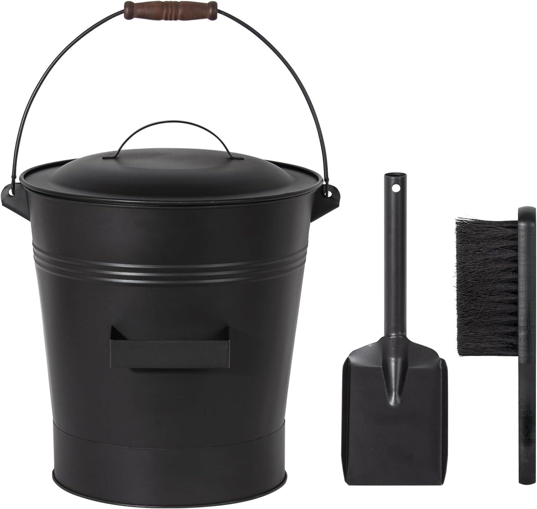 Todeco Ascheeimer Metall 19 L mit Deckel, Schaufel & Bürste, Hitzebeständiger, Holzgriff, Für Kamin,
