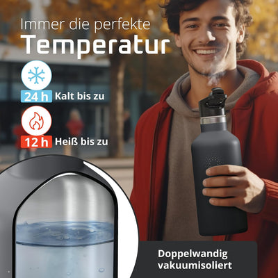 Trinkflasche Edelstahl mit Strohhalm, Infuser + 3 Deckel: BPA-frei, Auslaufsicher, Kohlensäure geeig