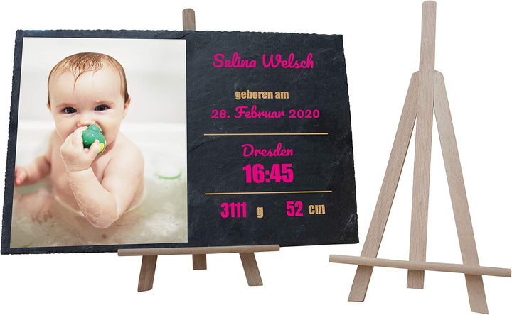 wandmotiv24 Personalisierbare Schiefertafel als Geschenk zur Geburt, 30 x 20 cm, Staffelei, Foto und