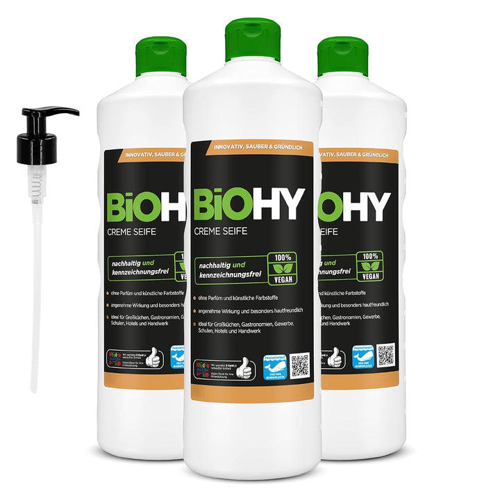 BiOHY Flüssig Seife (3 x 1 Liter) + Pumpspender | Hautschonende, rückfettende & flüssige Handseife |
