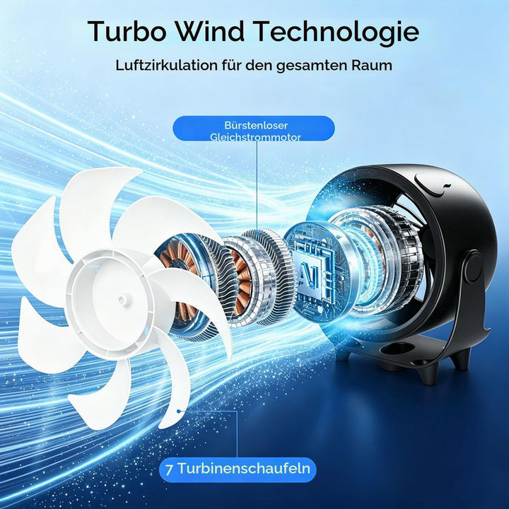 Tragbarer Tischventilator, Wiederaufladbar mit Sprühnebel, Schwarz | Turbo Digitalanzeige, 3 Geschwi