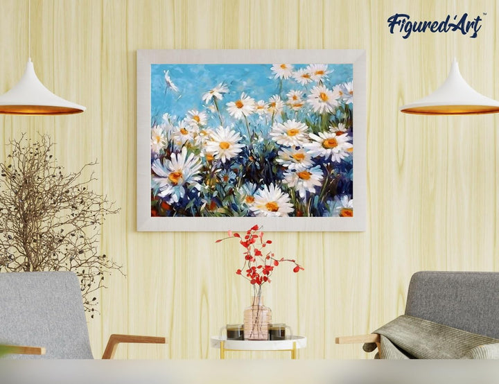 Figured'Art Malen Nach Zahlen Erwachsene Mit Rahmen Gänseblümchen und blauer Himmel - Paint by Numbe