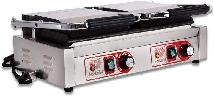 Beeketal 'BKG9' Gastro Doppelt Kontaktgrill mit Gusseisen Grillpatten (oben und unten glatt) mit Fet