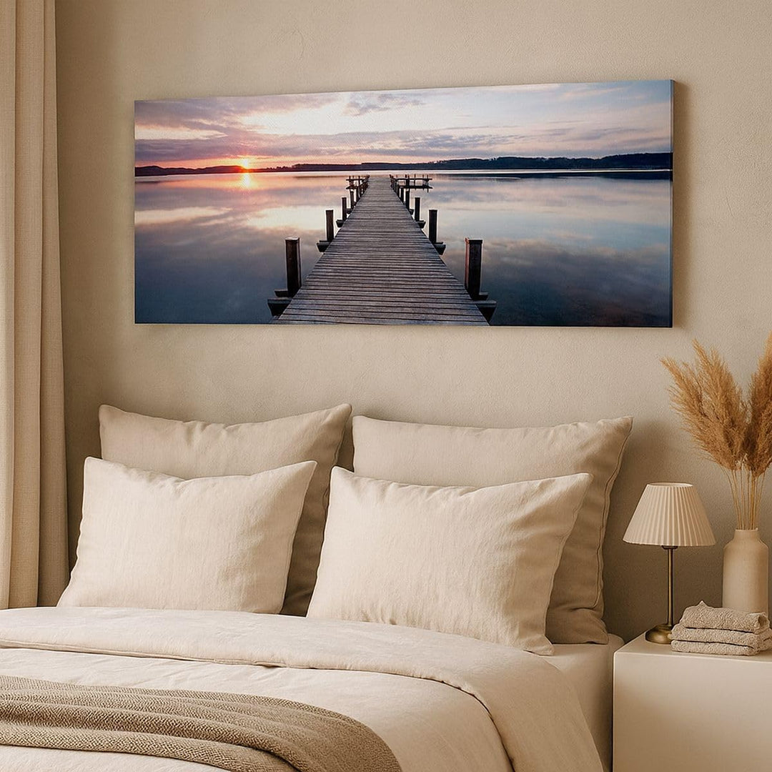 Wandbilder Dekoration Wohnzimmer Fussgängerbrücke See Sonnenuntergang Abend Bilder auf Leinwand 120x