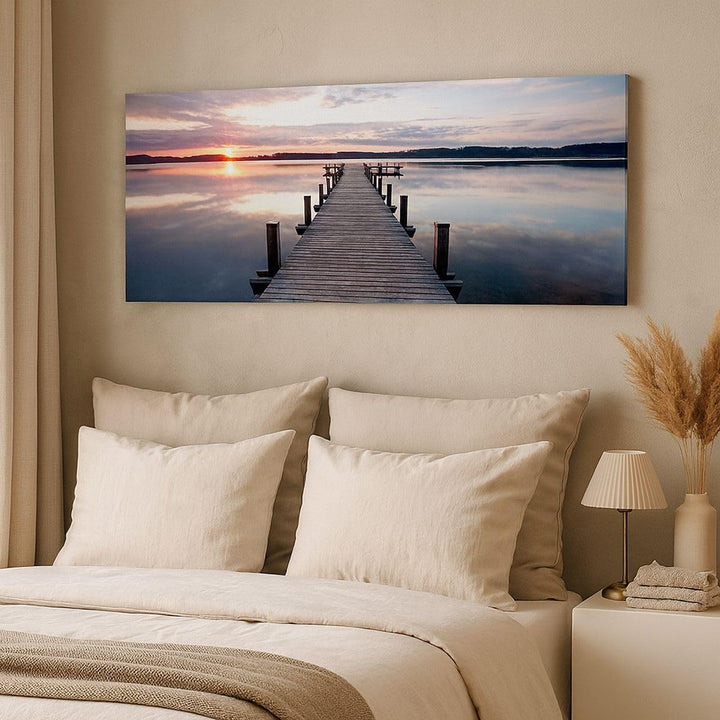 Wandbilder Dekoration Wohnzimmer Fussgängerbrücke See Sonnenuntergang Abend Bilder auf Leinwand 120x
