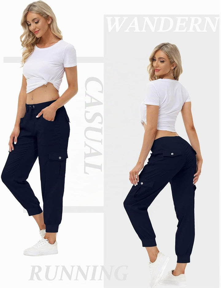 JINSHI Hosen Damen Cargohose Lange Capri Freizeithose Outdoor Jogginghose High Waist mit Kordelzug X