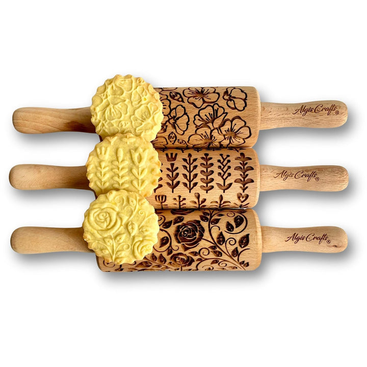 GARTENBLUMEN 3-er SET Kinder Nudelhölzer für hausgemachtes Gebäck. Teigrolle mit Blumen- Rosen, Saku
