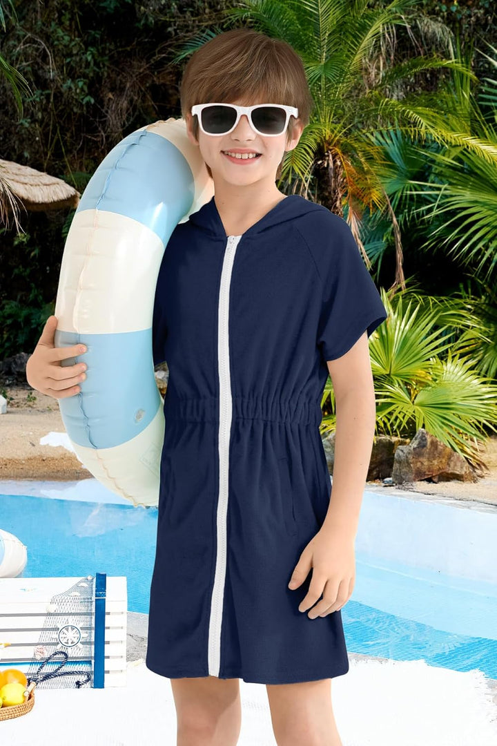 BesserBay Kinder Badeponcho Kapuze mit Taschen Frottee Bademantel Elastischer Bund Zip Surf Poncho H