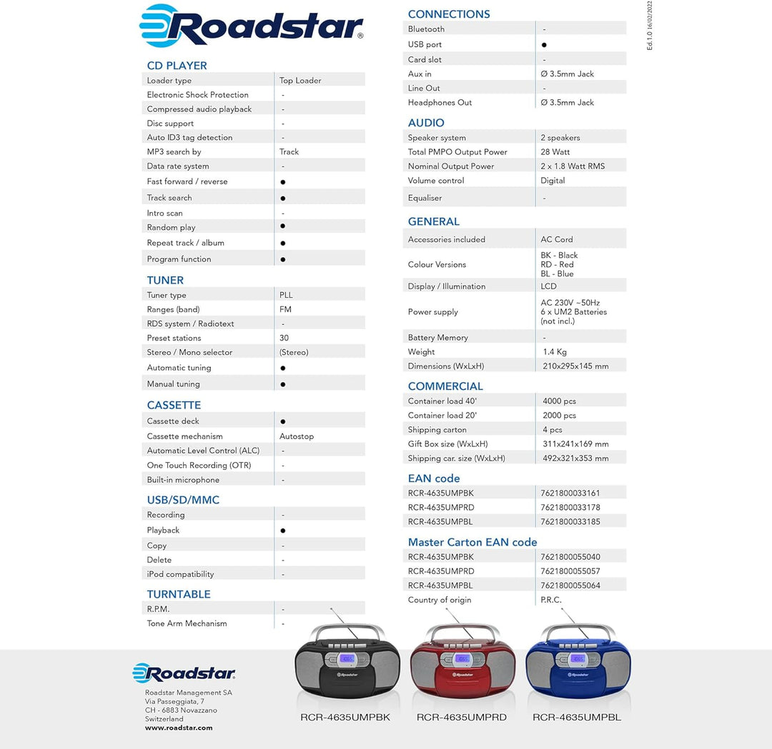 Roadstar RCR-4635UMP/BK Tragbares CD-Radio Kassette, Digitalradio PLL FM-Radio, Boombox CD-MP3-Playe
