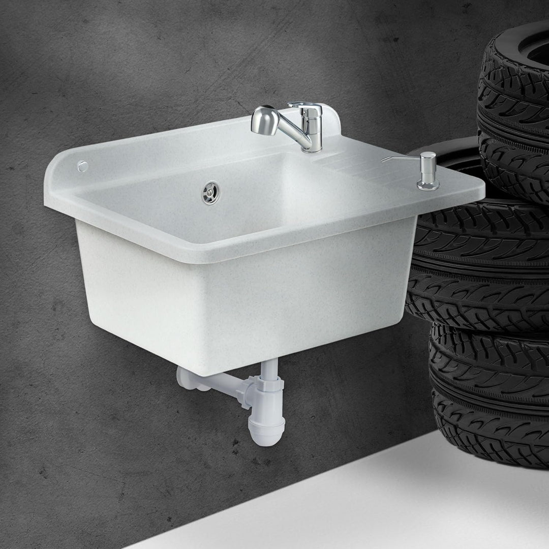 GOSPO Ausgussbecken aus Polypropylen, 50,5 x 34 x 26,5 cm, Spülbecken mit Armatur, Siphon, Seifenspe