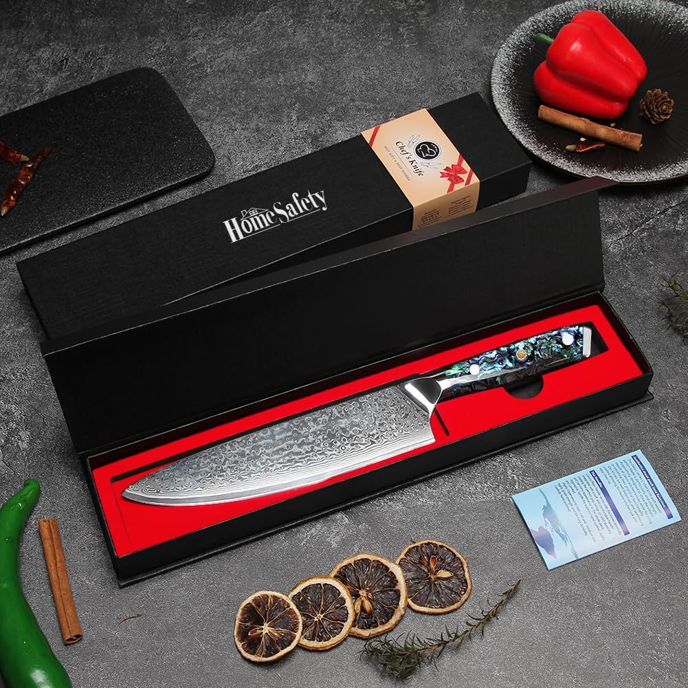 Home Safety Damastmesser Kochmesser mit extrem Scharf 20cm Klinge aus 67 Lagen VG-10 Damaststahl Küc