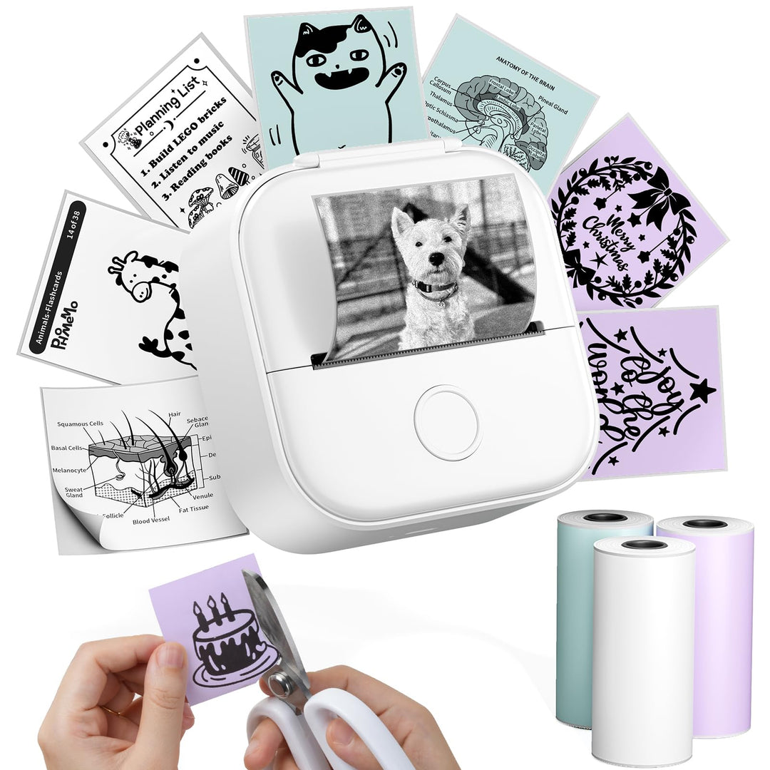 Phomemo Aufkleber Drucker, T02 Mini Thermodrucker für Smartphone, Tragbarer Fotodrucker mit 3 Rollen