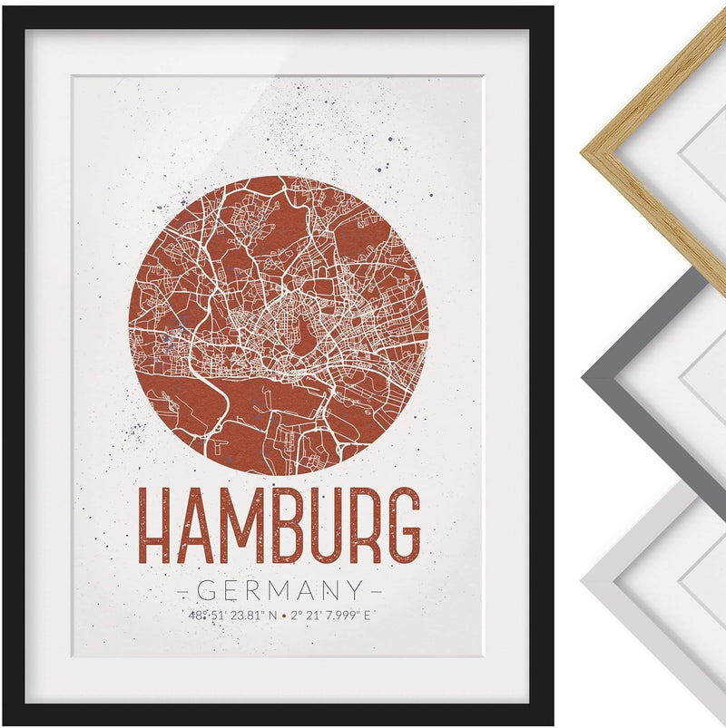 Bild mit Rahmen - Stadtplan Hamburg - Retro - Rahmenfarbe Schwarz, 40 x 30 cm 40cm x 30cm Schwarz, 4