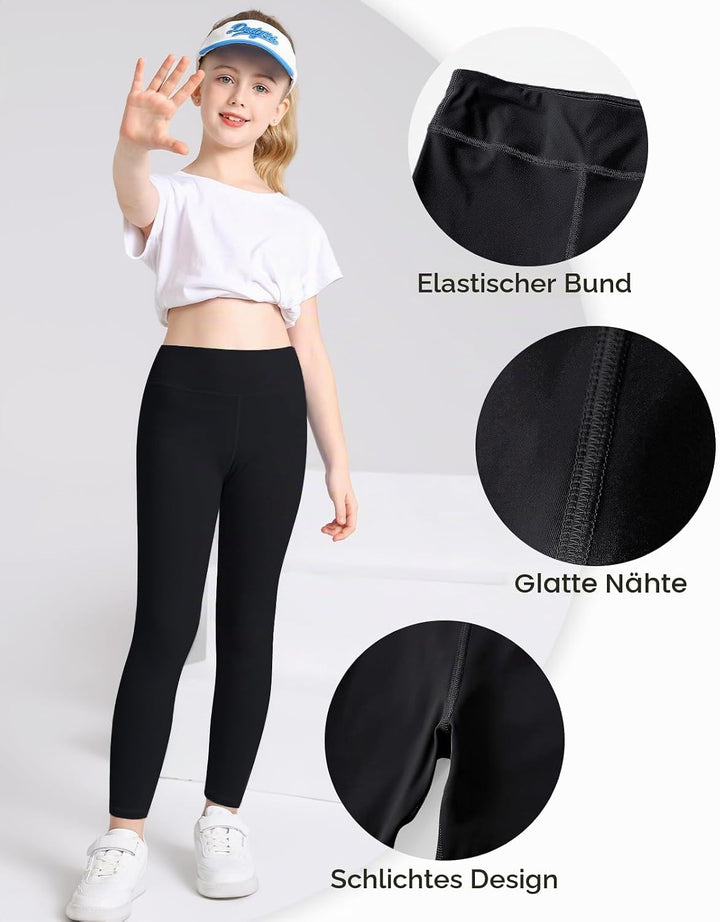 Domee Mädchen Leggings Sport Yoga Lang Hosen 3er-Pack Schwarz 158-164, Schwarz 158-164
