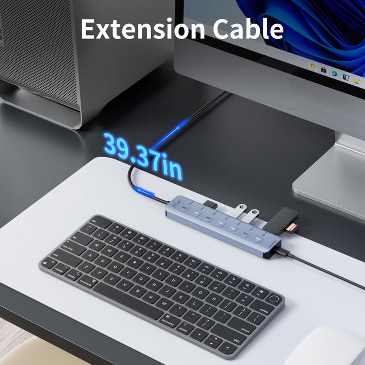JESWO 7-Port USB 3.0 Hub mit individuellen Schaltern & LED-Anzeigen, Aluminium USB Verteiler 5Gbps,