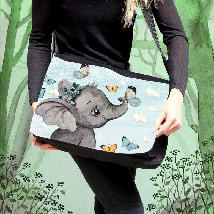 Schultertasche Schultasche Tasche Umhängetasche Federtasche Federmappe Elefant Schmetterlinge Wunsch