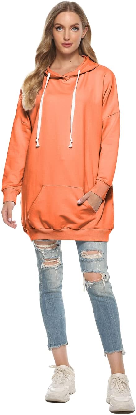 Famulily Damen Oversized Hoodie Kleid Baumwolle Lang Sweatshirt mit Kapuze Einfarbige Kapuzenpullove