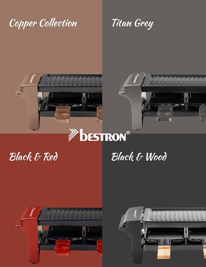 Bestron Raclette für 1 bis 2 Personen, Mini Tischgrill mit zwei Pfännchen, zwei Holzschabern & zwei