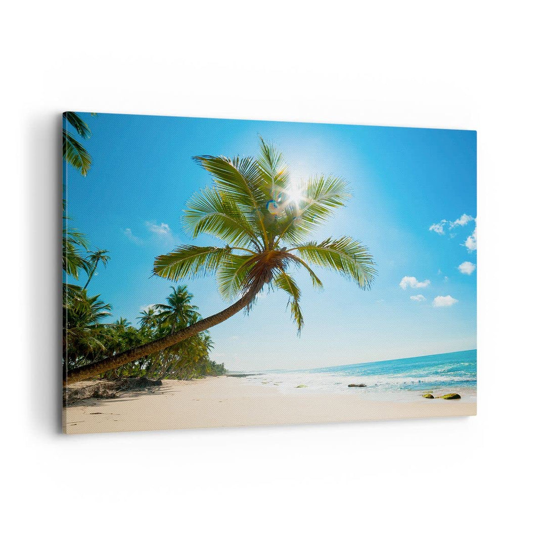 Bilder auf Leinwand 100x70cm Leinwandbild mit Rahmen Strand Palme Meer Gross Wanddeko Bild Schlafzim