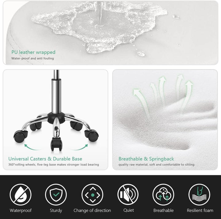 FURWOO Mehrzweck Rollhocker Rundhocker mit Rollen für Spa Verstellbarer Zeichenhocker (weiss), Wei&#