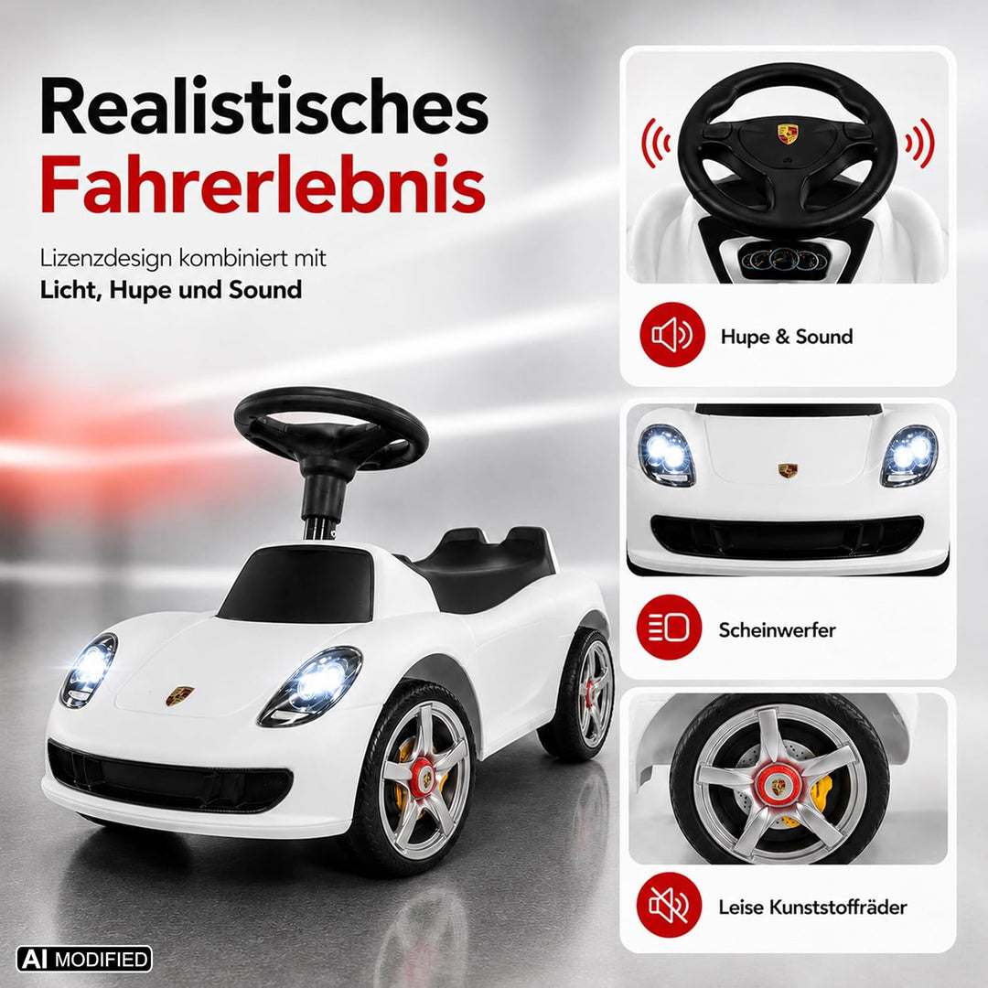 Lemodo, Porsche Carrera GT Rutschauto lizenziert weiss, ab 18 Monaten, Kinderfahrzeug mit Scheinwerf