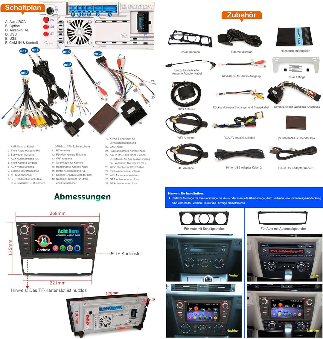 Erisin 8 Kern Android 14 Autoradio GPS Navigation für BMW 3er E90 E91 E92 E93 Wireless CarPlay Andro