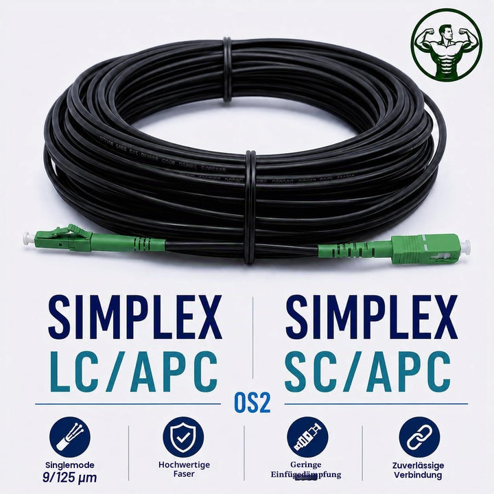 Elfcam® - 100m Gepanzerte Glasfaser-Kabel LC/APC auf SC/APC Simplex Singlemode, 9/125µm OS2, FTTH LW