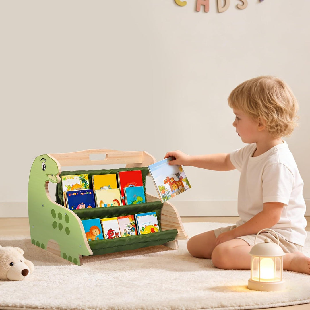 Kinder Bücherregal Holz,Montessori Kinderbücherregal,Doppelseitiges Holzregal mit Robusten Canvas Ta