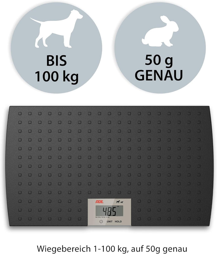 ADE Digitale Tierwaage Hundewaage für Hunde und Katzen (bis 65 cm Rückenlänge), Plattformwaage, Vete