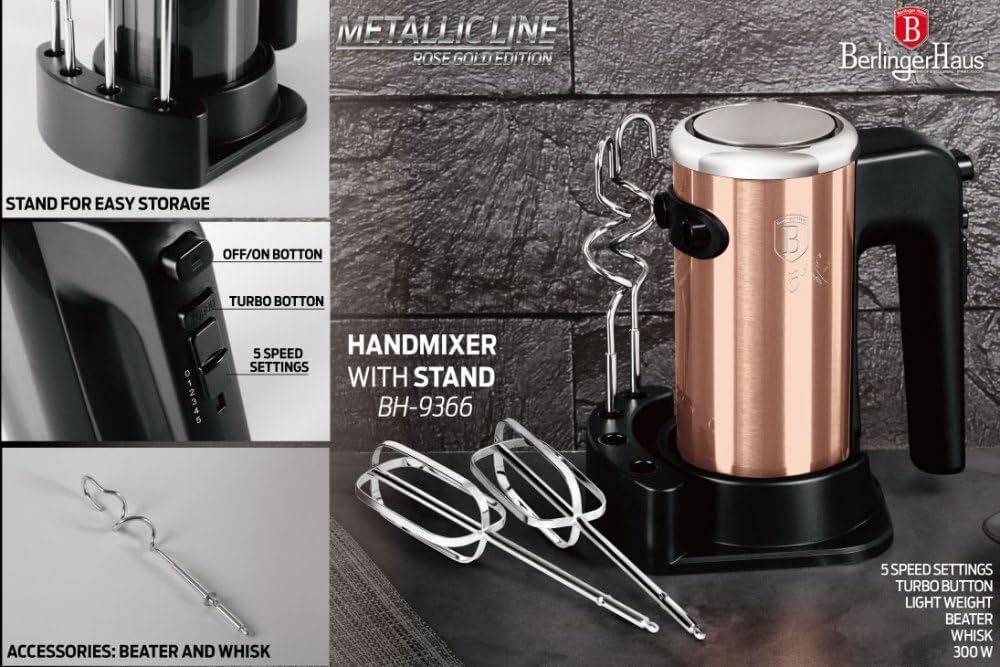 Berlinger Haus Handmixer mit Zubehör 300 W Rosegold Metallic Linie - Leistungsstarker Rührer für Kuc