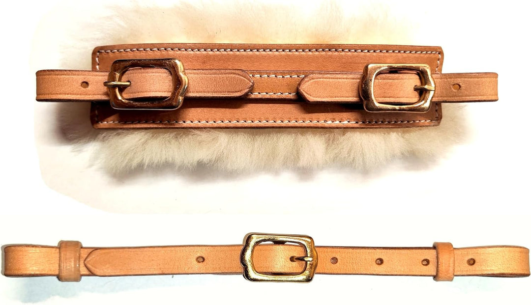 PS Pferdeartikel Mit Schaffell gepolsterter Nasenriemen Plus Kinnriemen im Set Braun mit silbernem B