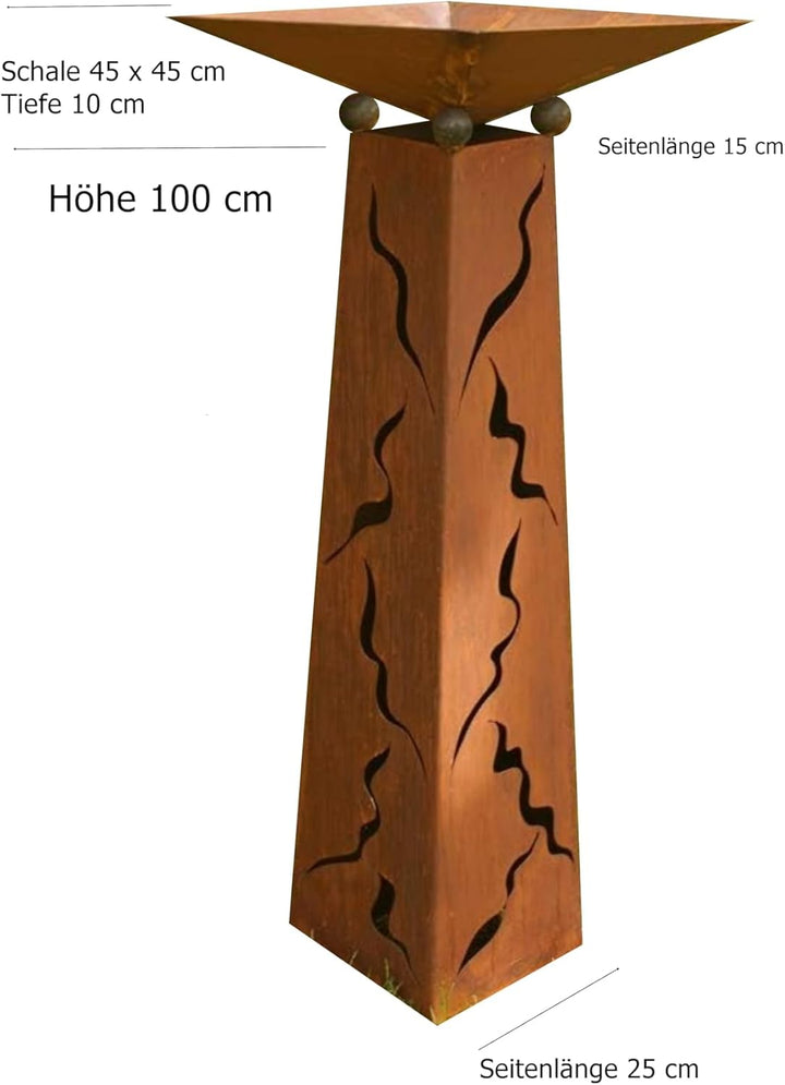 Gartendekoshop24 Rost Säule konisch 100 cm mit Muster und Schale
