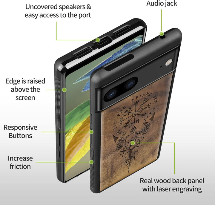 Carveit Holz Handyhülle für Google Pixel 7 Cover [Einzigartiges Design Case] Stossstange hülle Kompa