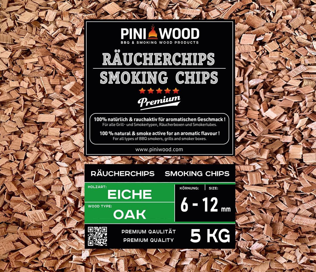 PINI 5 Kg Räucherchips Eiche 6-12 mm Smoking Chips Räucherspäne 18 Liter