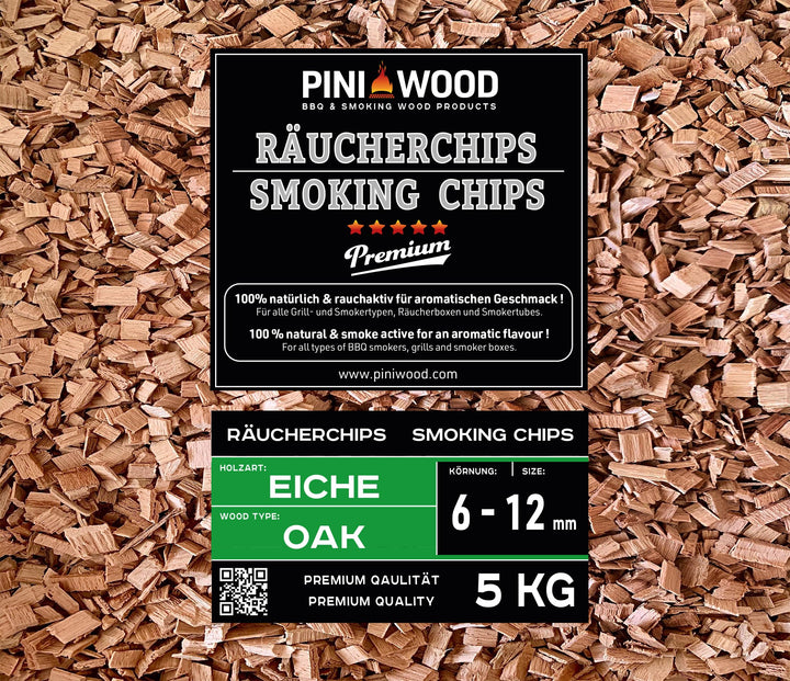 PINI 5 Kg Räucherchips Eiche 6-12 mm Smoking Chips Räucherspäne 18 Liter