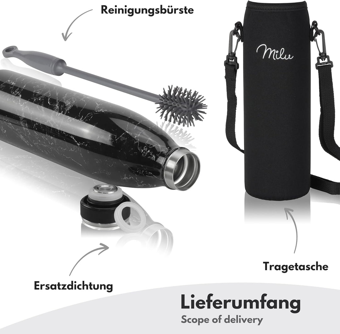 Milu Edelstahl Trinkflasche 350ml 500ml 750ml 1L, 1,5L Thermosflasche, Isolierte Wasserflasche, Ausl
