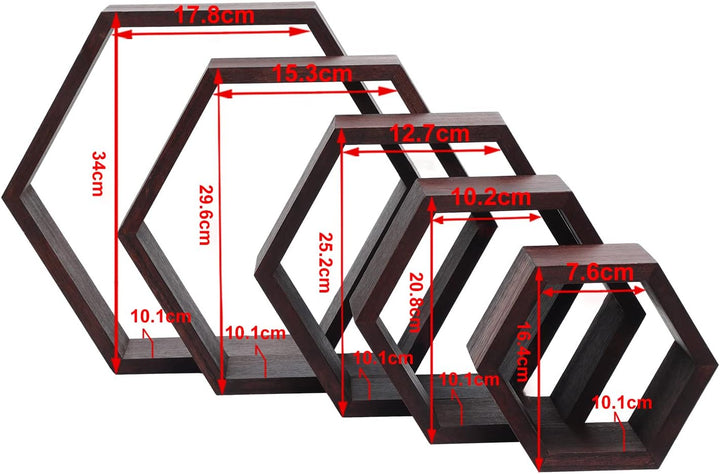 PHOENANCEE Hexagon Wandregal, Wohnzimmer Deko Wand, Holz Hängeregal für Schlafzimmer, 5er-Set(Dunkle