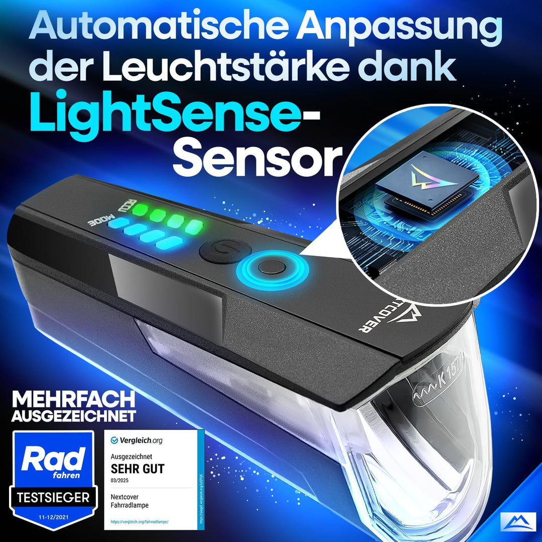 NEXTCOVER® Fahrradlicht Set mit [LightSense] Sensor & 11h Akkulaufzeit I USB aufladbar & wasserdicht