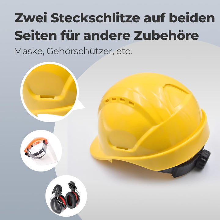 Bauhelm EN397, Mustbau Sicherheitshelm, Arbeitshelm Schutzhelm mit DIY Steckplätze für 53-65 cm Kopf