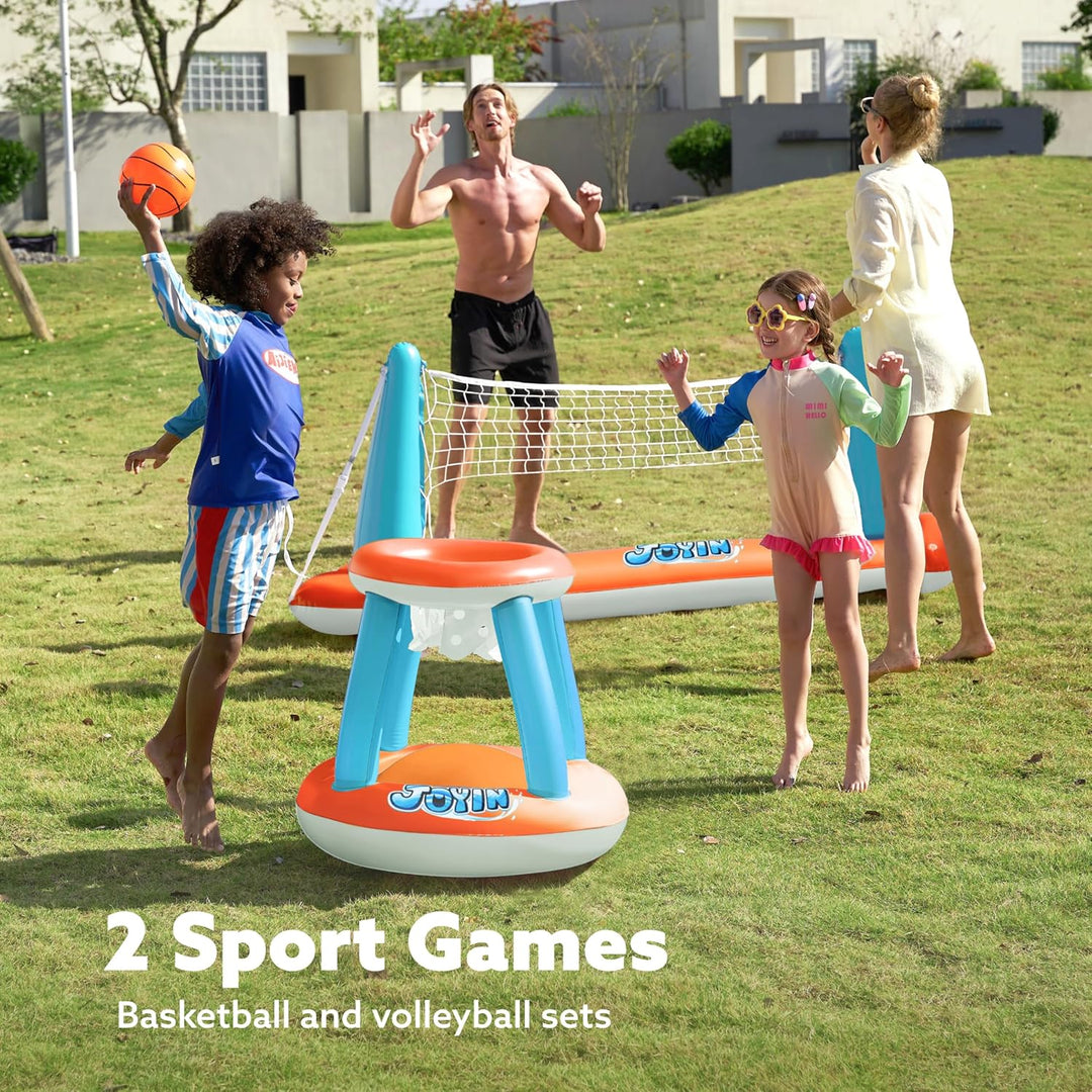JOYIN Aufblasbare Pool Float Set, Volleyballnetz & Basketballkörbe & Bälle für Kinder und Erwachsene