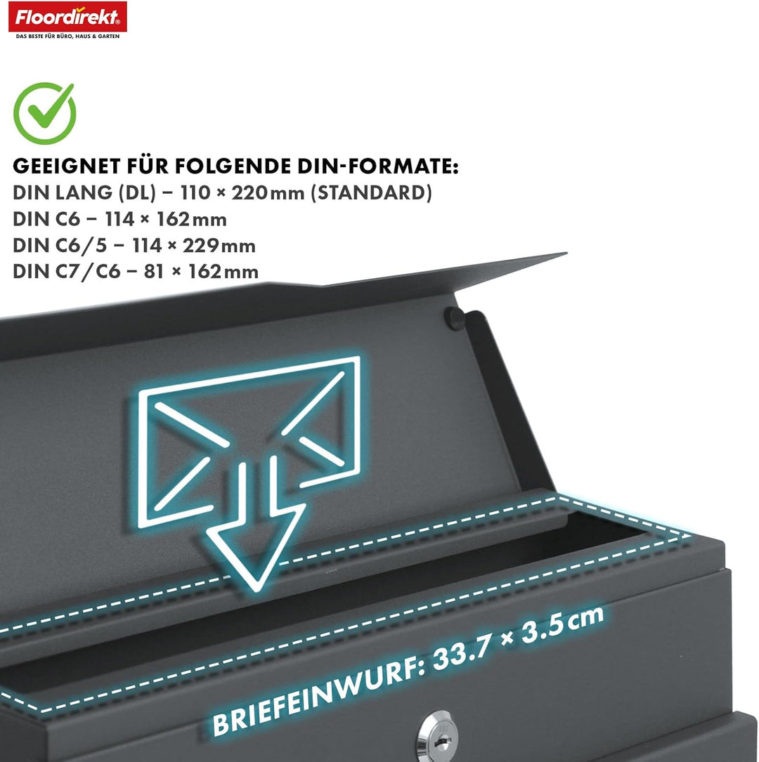 Floordirekt Moderner Briefkasten, mit Zeitungshalter, Deckel, abschliessbar mit Zeitungsfach und gro