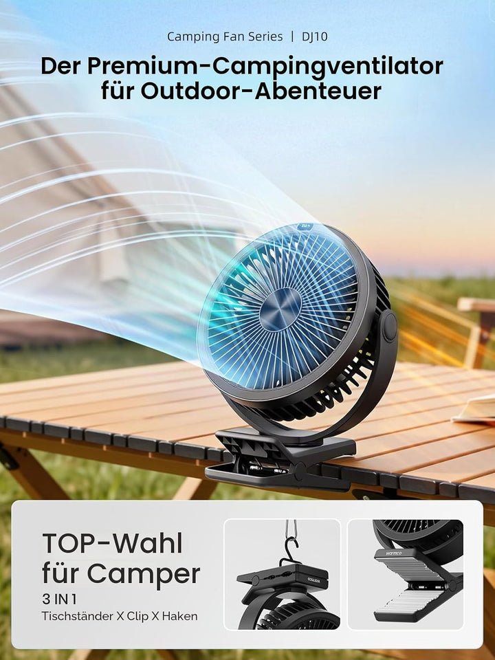 Warmco Tragbarer Tischventilator mit 10000 mAh, 720° Drehung & 3-in-1-Montage – 4 Geschwindigkeitsst
