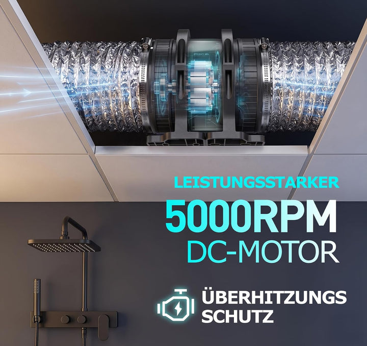 Leise Rohrlüfter mit Feuchtigkeitssensor Temperatursensor Timer, 6 Stufiger Abluftventilator mit Übe