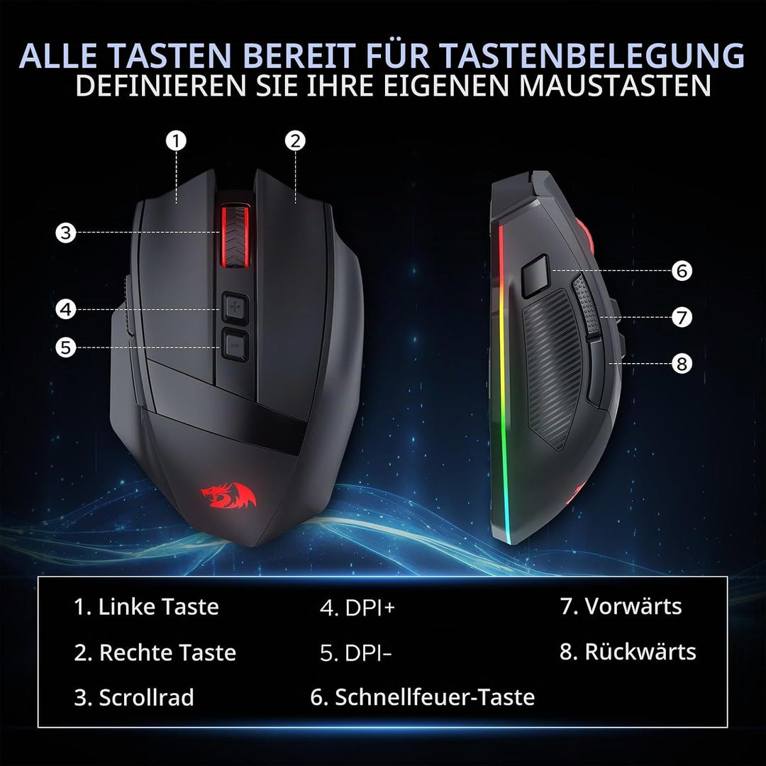 Redragon M923 PRO 3-Mode RGB Gaming Maus, Optische Ergonomische Gamer Maus mit Max 24.000 DPI, Pro P