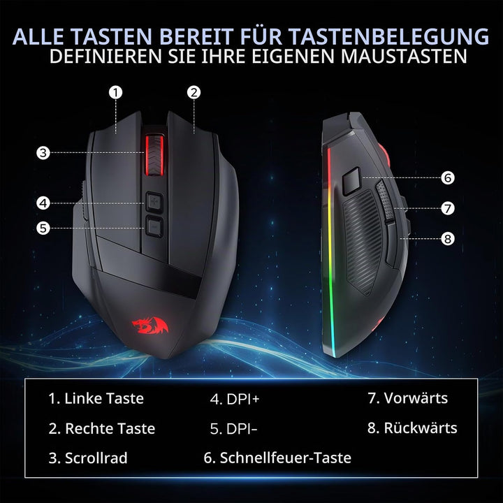 Redragon M923 PRO 3-Mode RGB Gaming Maus, Optische Ergonomische Gamer Maus mit Max 24.000 DPI, Pro P