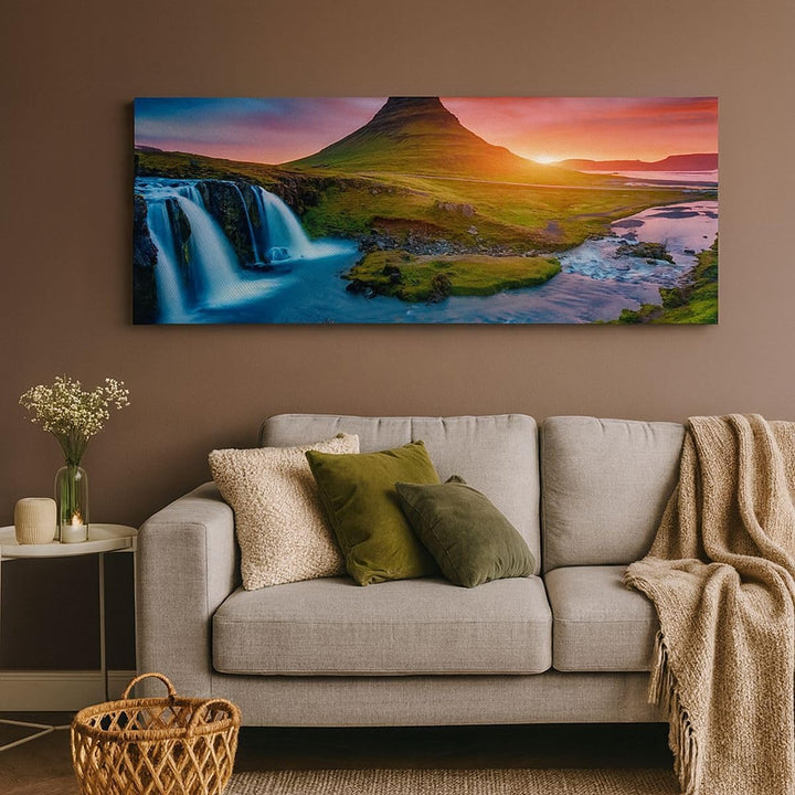 Wandbilder Dekoration Wohnzimmer Sonnenuntergang Wasserfall Island Vulkan Bilder auf Leinwand 120x50